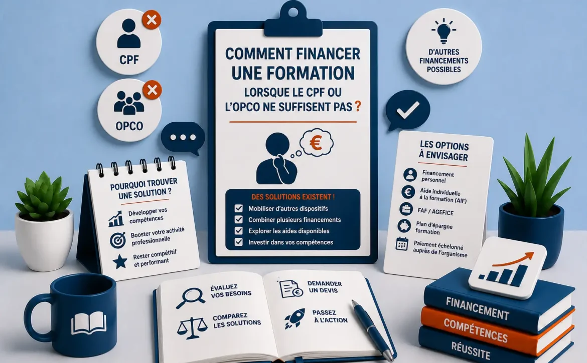 Illustration présentant les solutions pour financer une formation en anglais lorsque le CPF ou l'OPCO ne couvrent pas l'intégralité des frais.