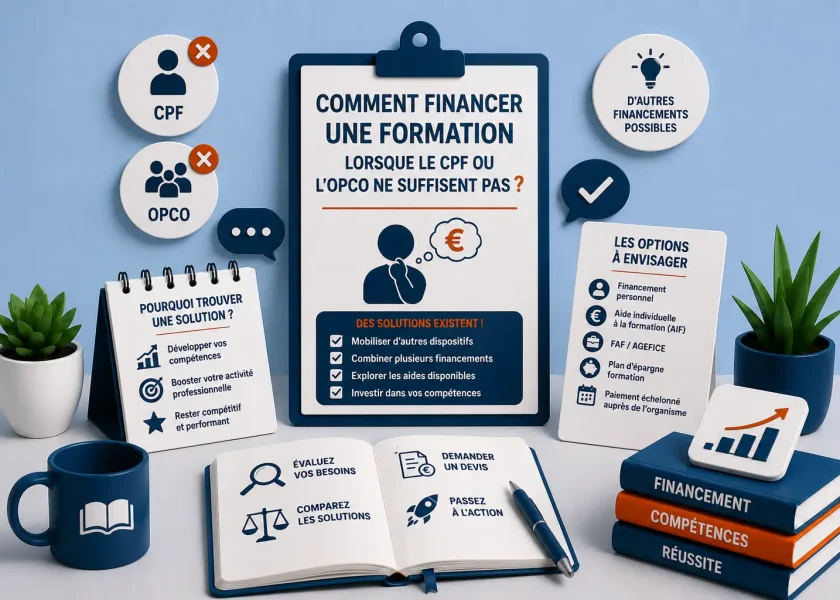 Illustration présentant les solutions pour financer une formation en anglais lorsque le CPF ou l'OPCO ne couvrent pas l'intégralité des frais.