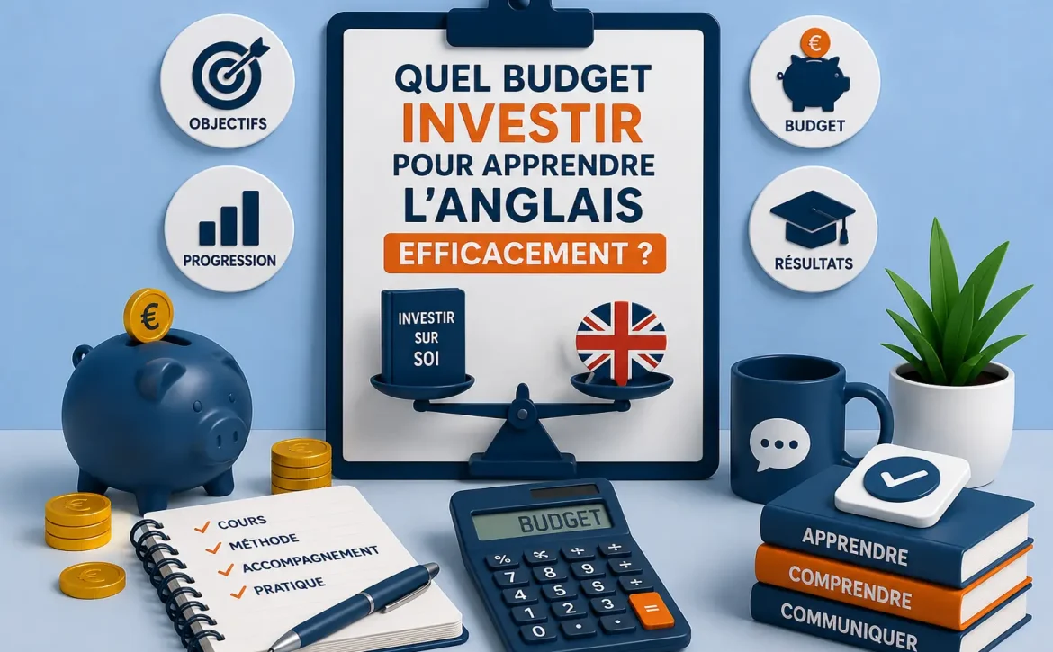 Illustration représentant le budget à prévoir pour apprendre l'anglais efficacement selon ses objectifs et sa méthode d'apprentissage.