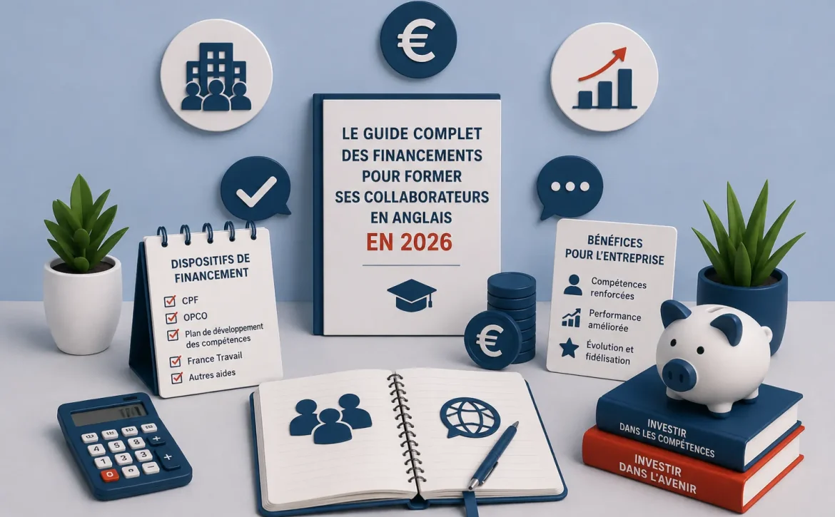 Illustration du guide complet des financements pour former ses collaborateurs en anglais en 2026 : CPF, OPCO, plan de développement des compétences et autres aides aux entreprises.