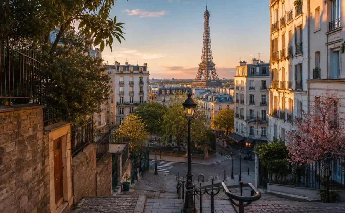 Cours d'anglais du soir à Paris avec vue sur la Tour Eiffel, idéal pour les actifs souhaitant apprendre l'anglais après le travail.