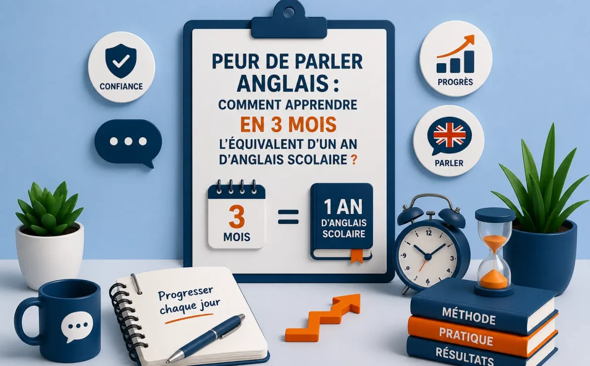 Illustration expliquant comment apprendre en 3 mois l'équivalent d'un an d'anglais scolaire grâce à une méthode intensive et axée sur l'oral.