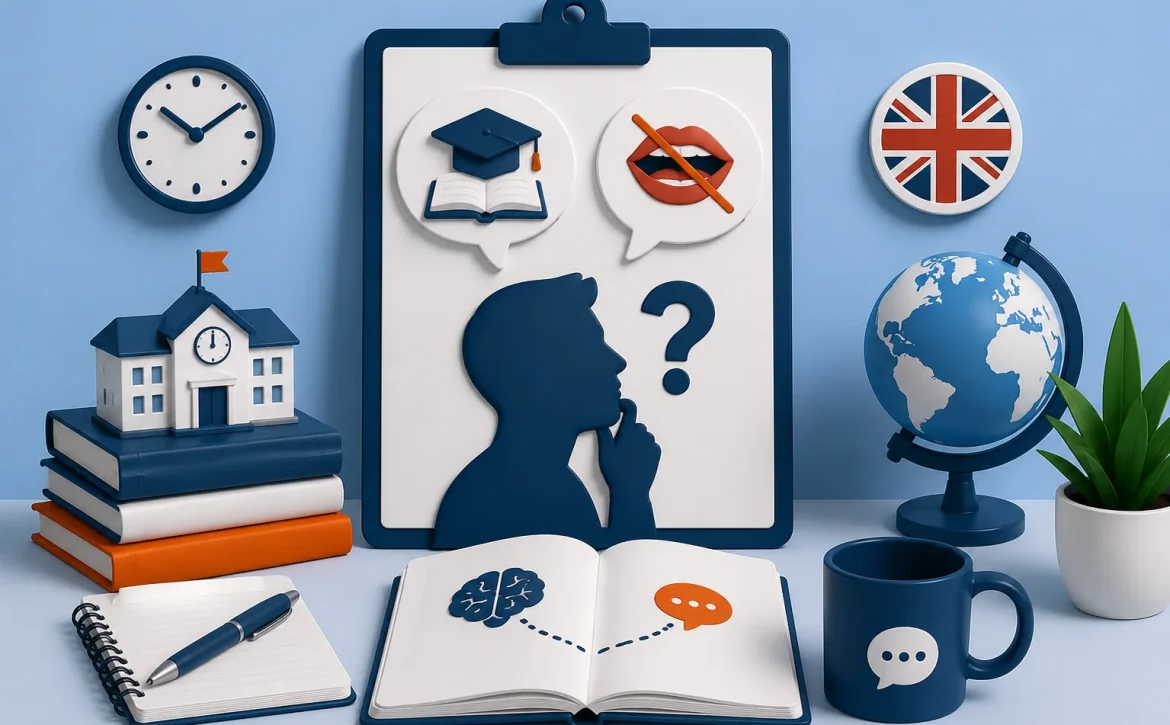Illustration expliquant pourquoi de nombreuses personnes apprennent l'anglais à l'école mais n'arrivent pas à le parler avec aisance.