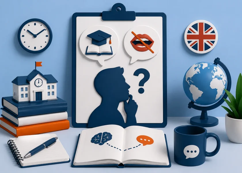 Illustration expliquant pourquoi de nombreuses personnes apprennent l'anglais à l'école mais n'arrivent pas à le parler avec aisance.