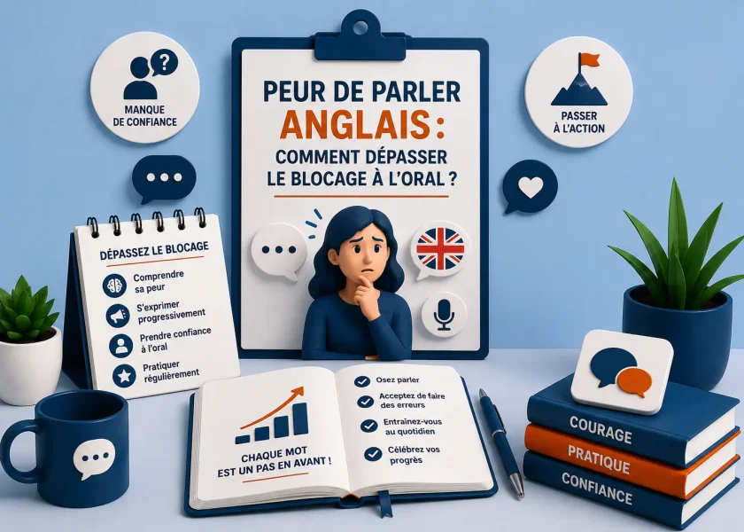 Illustration représentant la peur de parler anglais et les solutions pour dépasser le blocage à l'oral et gagner en confiance.