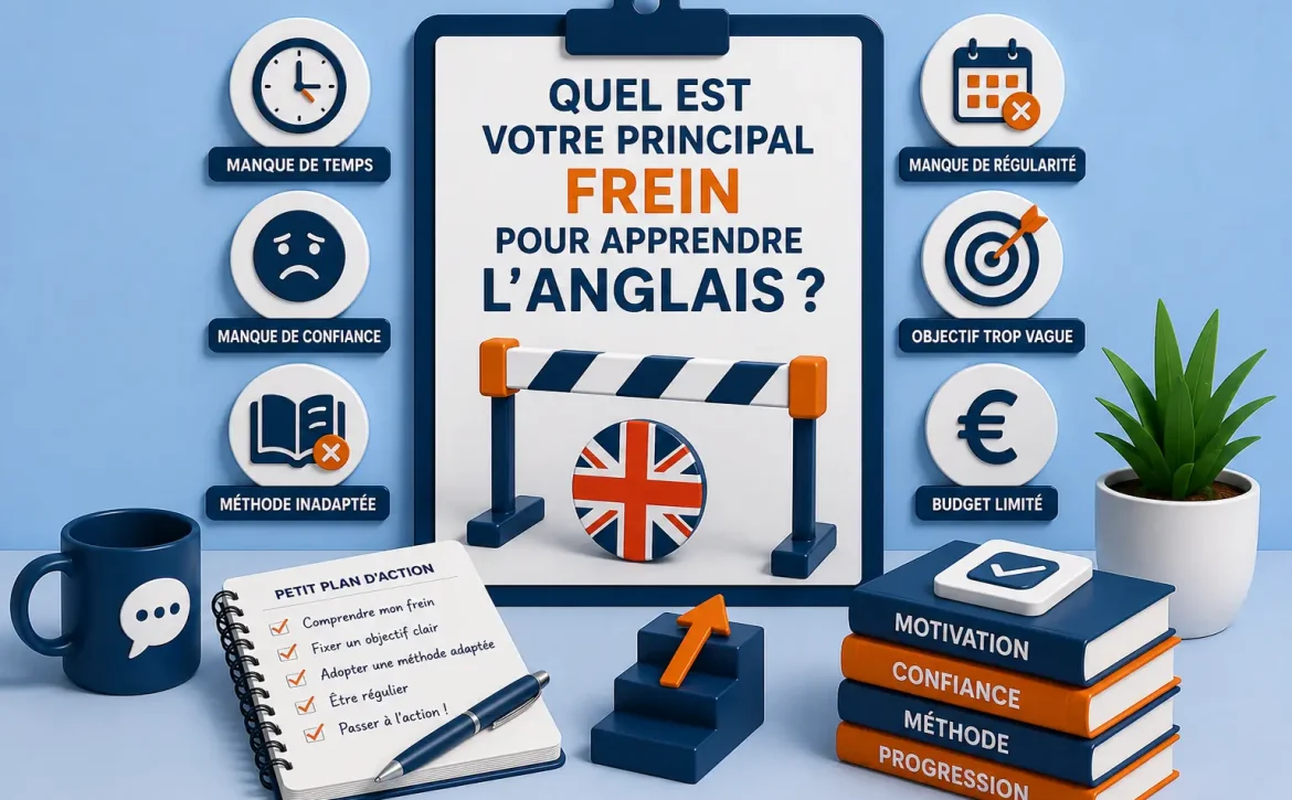 Illustration représentant les principaux freins qui empêchent d'apprendre l'anglais, comme le manque de temps, de confiance, de régularité, une méthode inadaptée ou un objectif peu clair.