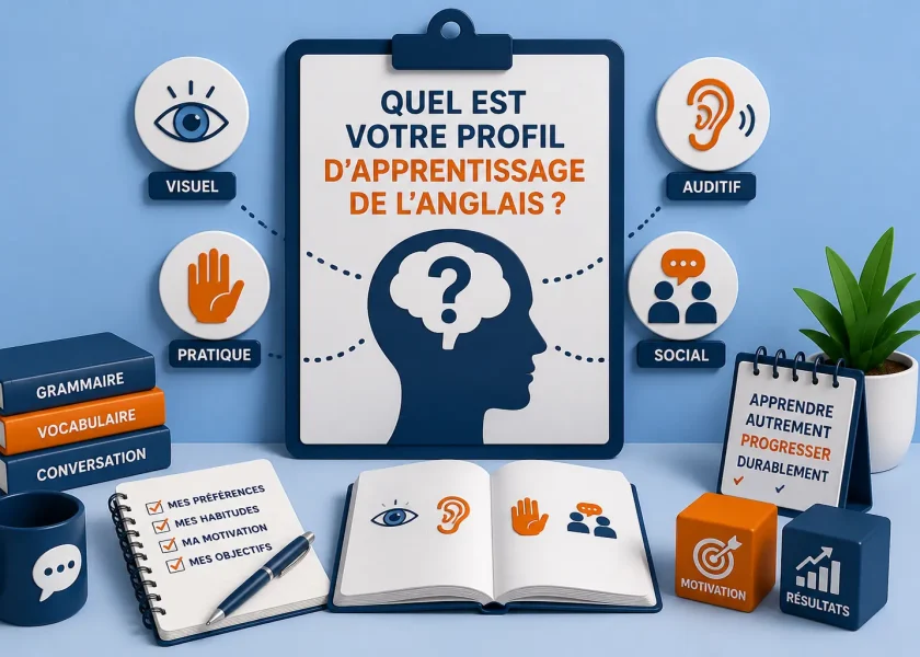 Illustration représentant les différents profils d'apprentissage de l'anglais (visuel, auditif, pratique et social) afin d'identifier la méthode la plus adaptée pour progresser efficacement.