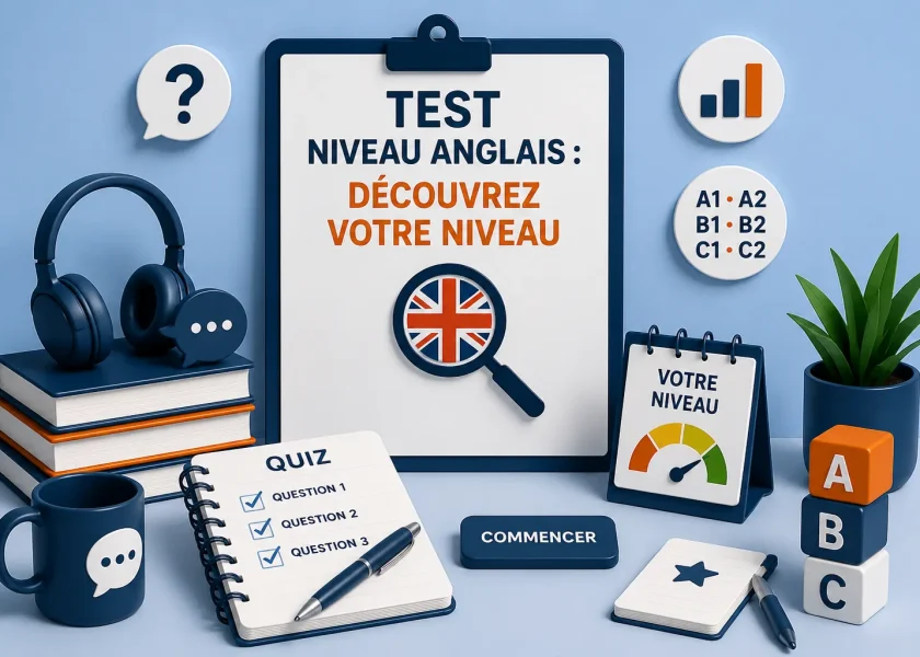 Illustration représentant un test de niveau d'anglais permettant d'évaluer son niveau de A1 à C2.