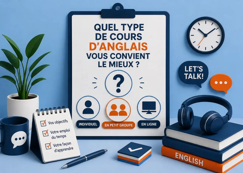 Illustration comparant différents types de cours d’anglais : cours individuel, en petit groupe et en ligne, selon ses objectifs et son emploi du temps.