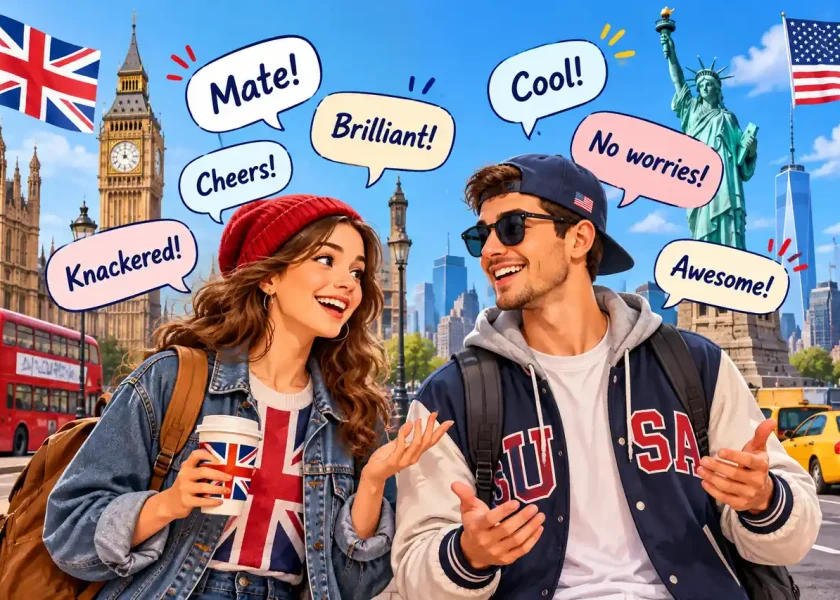 Deux jeunes discutent en utilisant des expressions d’argot anglais britannique et américain, devant Big Ben et la Statue de la Liberté.
