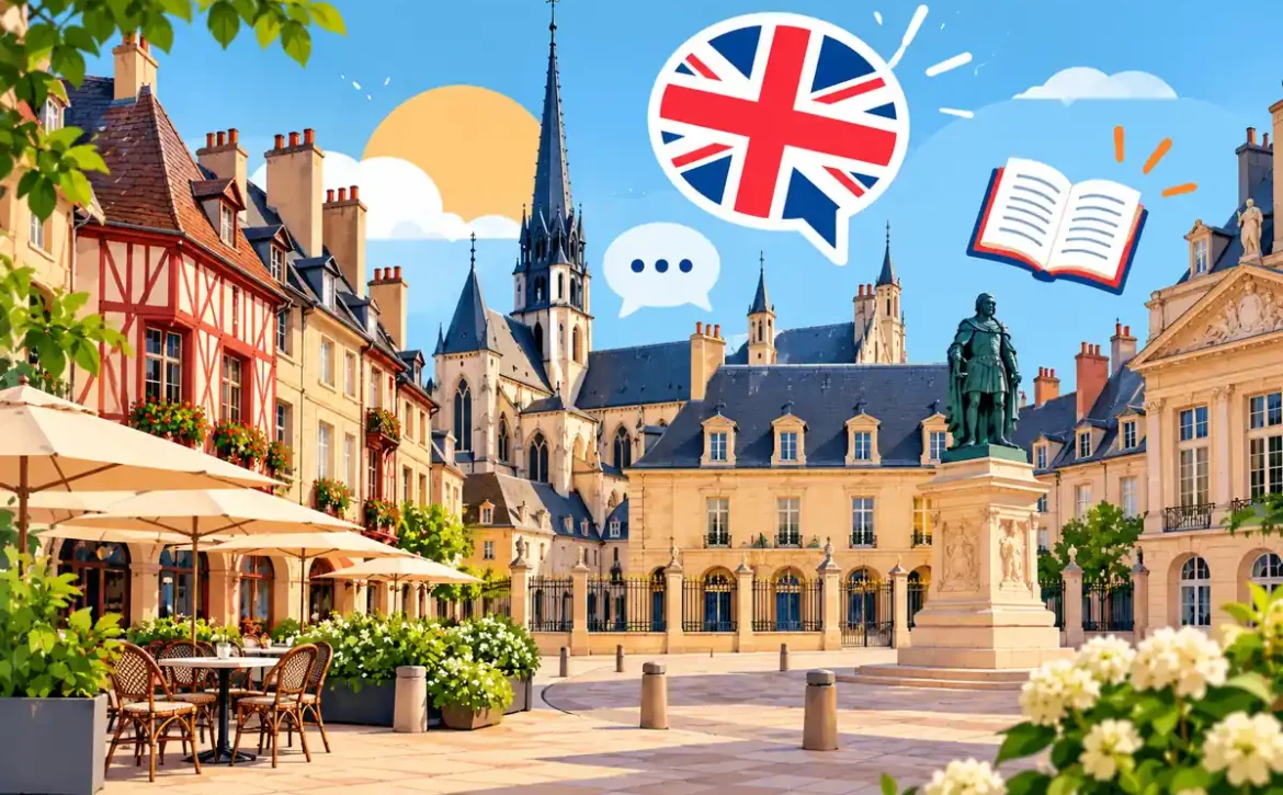 Illustration de Dijon avec son architecture historique, une place animée et un drapeau britannique symbolisant les écoles d'anglais et les formations linguistiques à Dijon.