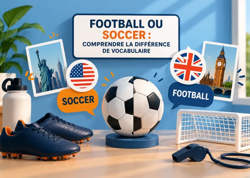 Football ou soccer : différence de vocabulaire entre l'anglais britannique et américain, illustrée par un ballon et les drapeaux du Royaume-Uni et des États-Unis.