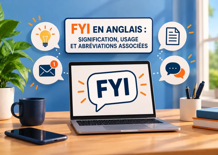 FYI en anglais : signification de l'abréviation For Your Information, illustrée sur un ordinateur avec des symboles d'e-mails et de communication professionnelle.