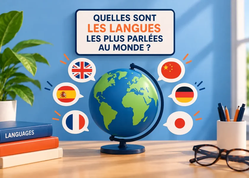 Illustration des langues les plus parlées au monde avec un globe terrestre et les drapeaux de plusieurs pays représentant l'anglais, le chinois, l'espagnol, le français, l'allemand et le japonais.