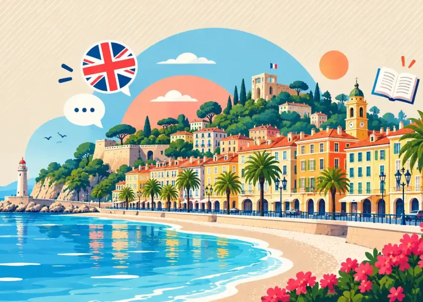 Illustration de Nice et de la Promenade des Anglais avec la mer Méditerranée, des palmiers et un drapeau britannique pour présenter les meilleures écoles d'anglais à Nice en 2026.