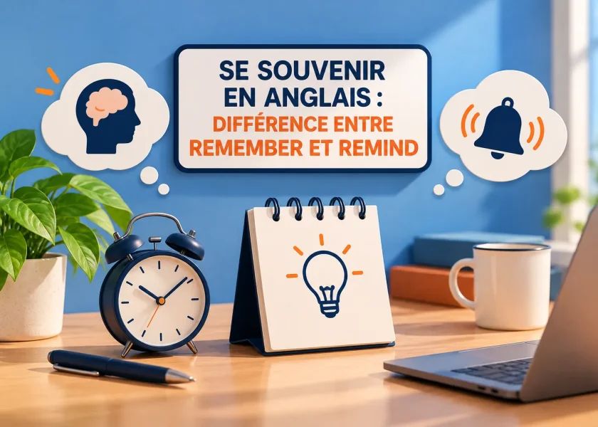 Différence entre remember et remind en anglais : illustration avec un cerveau, une cloche de rappel et une horloge pour comprendre comment dire « se souvenir » en anglais.