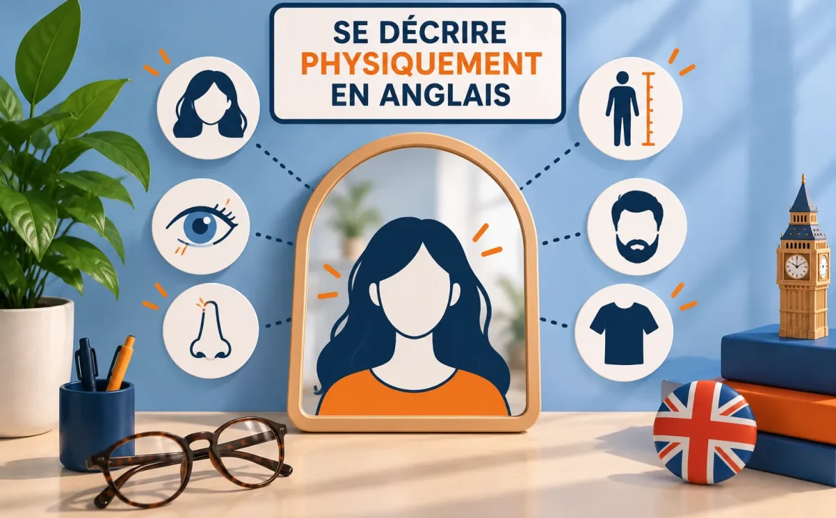 Se décrire physiquement en anglais : vocabulaire pour décrire le visage, les cheveux, les yeux, la taille et l’apparence physique.