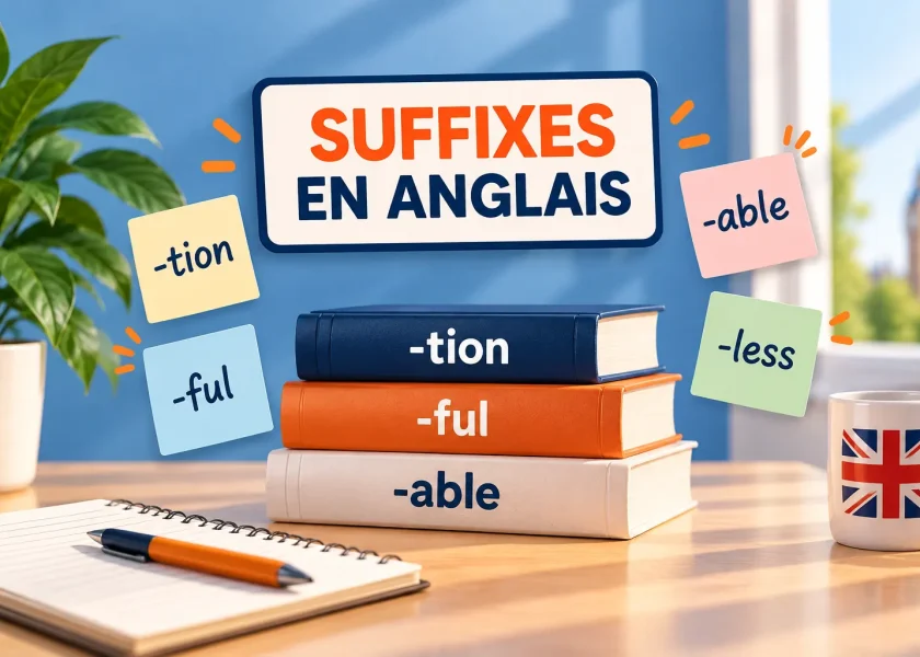 Illustration des suffixes en anglais avec les terminaisons -tion, -ful, -able et -less pour apprendre à former des mots et enrichir son vocabulaire anglais.